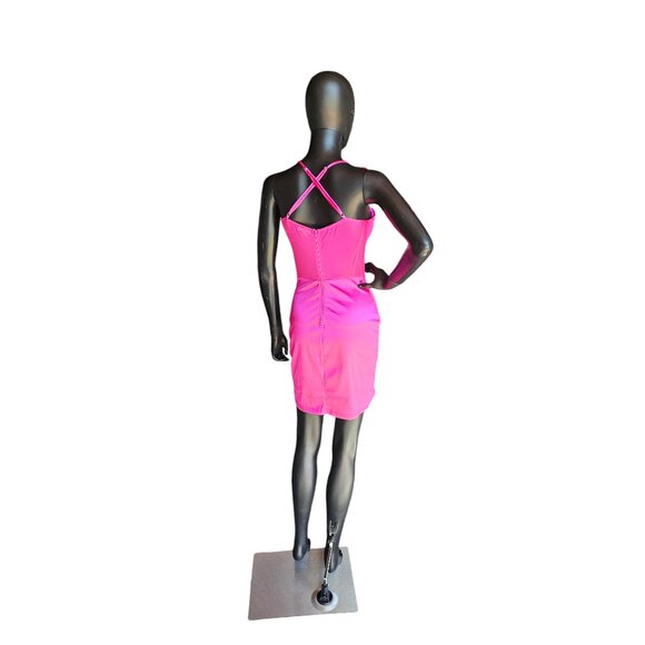 Hot Pink Satin Illusion Panel Bodycon Mini Dress - Lovesome - Picture 6 of 6